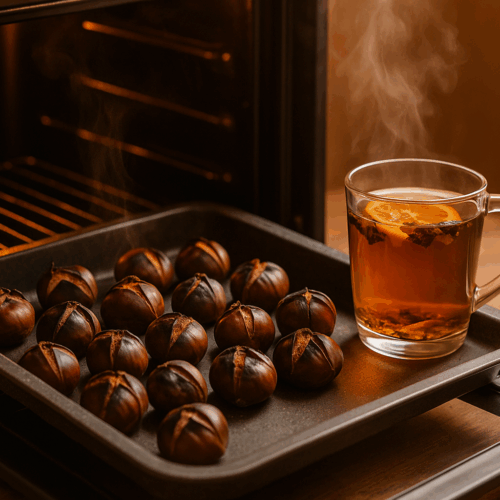 Teglia con caldarroste appena sfornate su un tavolo di legno rustico, accanto a una tazza fumante di tisana autunnale, in toni caldi e accoglienti.