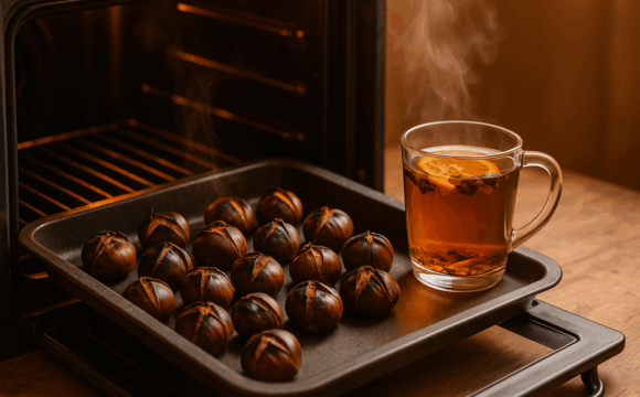 caldarroste e tisana Teglia con caldarroste appena sfornate su un tavolo di legno rustico, accanto a una tazza fumante di tisana autunnale, in toni caldi e accoglienti.