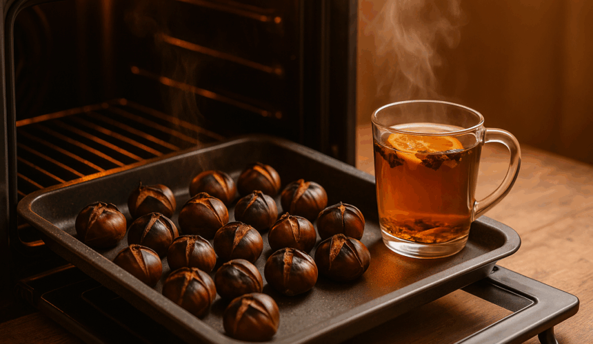 Teglia con caldarroste appena sfornate su un tavolo di legno rustico, accanto a una tazza fumante di tisana autunnale, in toni caldi e accoglienti.